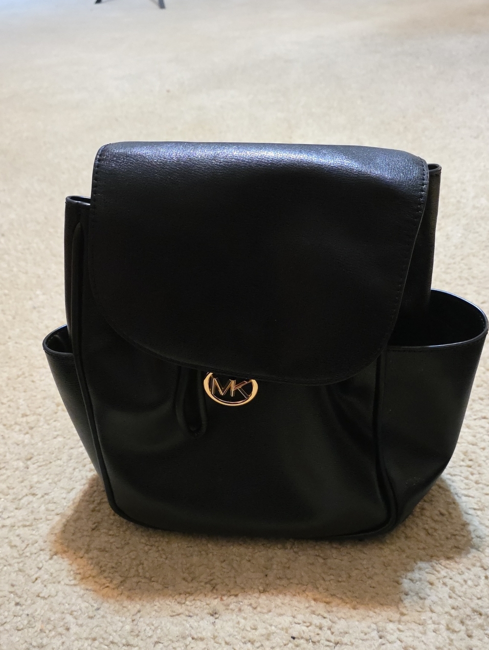 Michael Kors Black Leather Mini Backpack with Gold MK Emblem